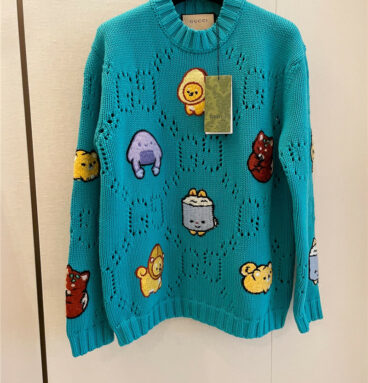 gucci animal embroidered knitted cotton crew neck sweater