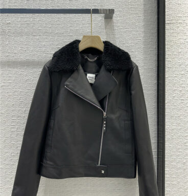 Hermès pebbled lambskin lambswool collar biker jacket