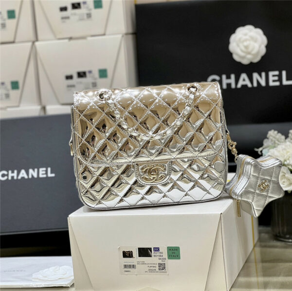 chanel patent leather silver double backpack