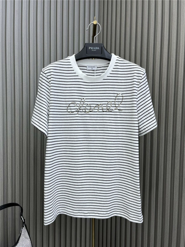 chanel sequined letter striped T-shirt
