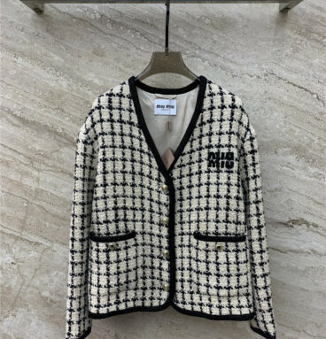 miumiu V-neck vintage plaid tweed jacket