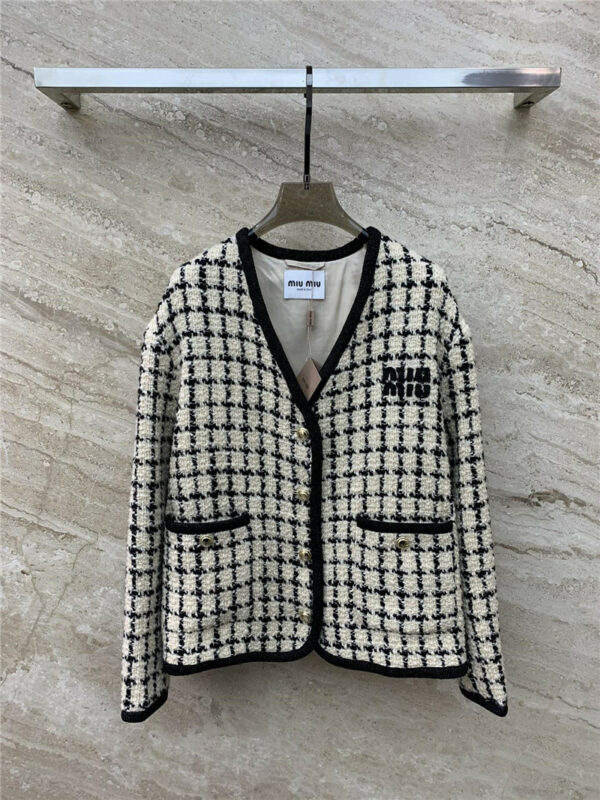 miumiu V-neck vintage plaid tweed jacket