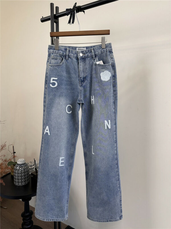 chanel camellia letter terry embroidered straight jeans