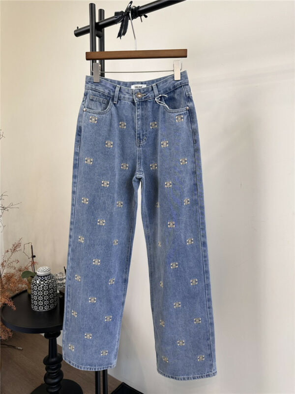 celine all over printed embroidered straight jeans