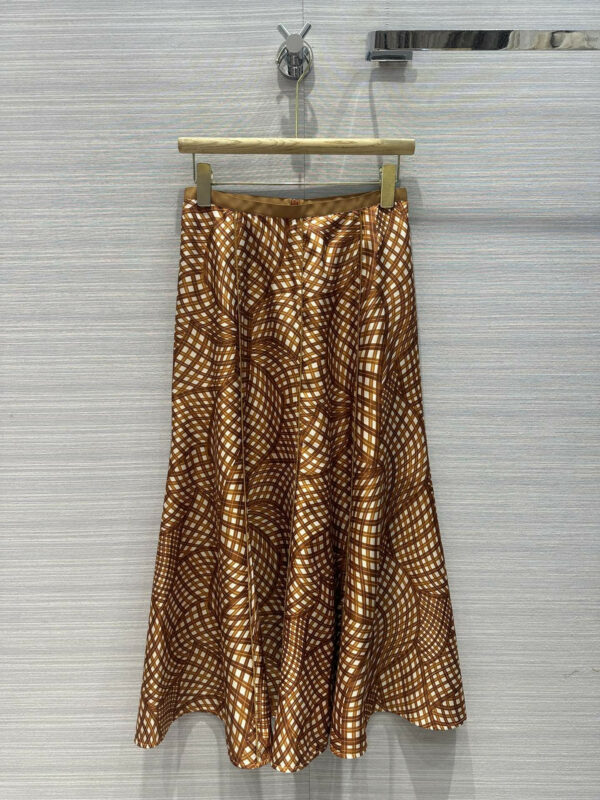 tory burch 3D geometric plaid printed silk long skirt