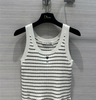 dior navy striped round neck linen and cashmere knitted vest
