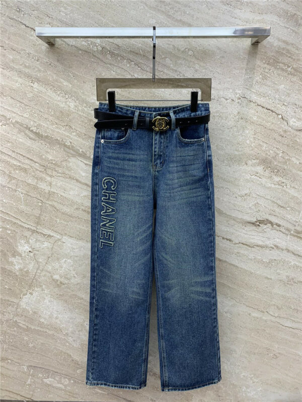 chanel belted side lettering jeans