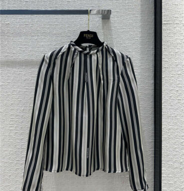 fendi micro-pleated crew neck striped letter print silk shirt