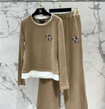 chanel fake two piece round neck long sleeve + trousers suit