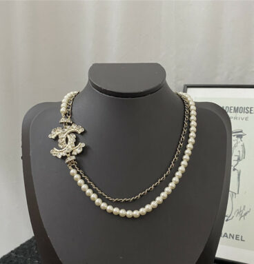 chanel leather pearl double layer necklace