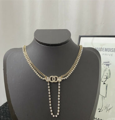 chanel double layer rhinestone tassel choker necklace