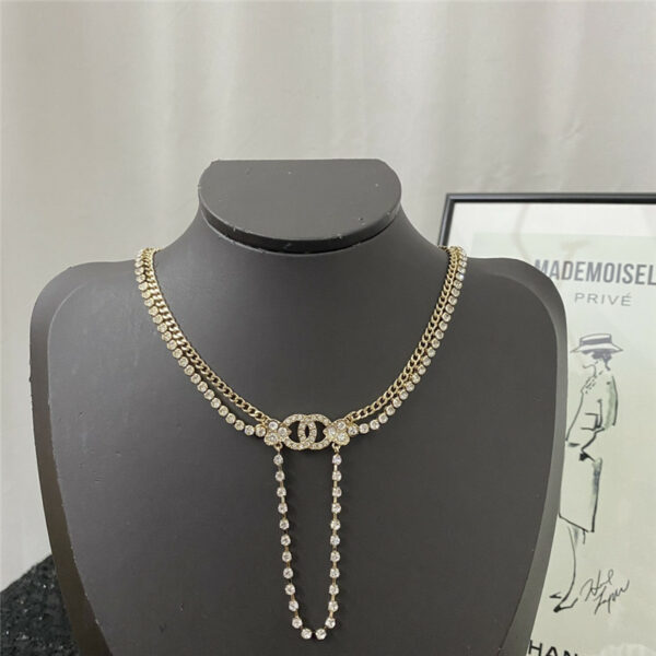 chanel double layer rhinestone tassel choker necklace