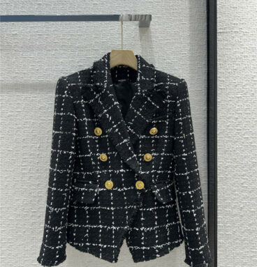 Balmain black and white checkered woolen tweed waisted suit