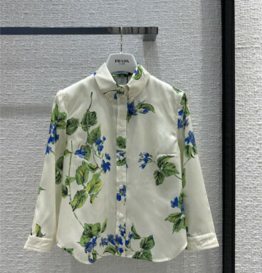 prada green leaf floral silk shirt