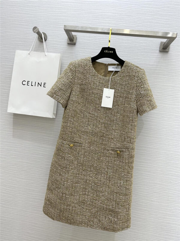 celine gold thread tweed short-sleeved dress