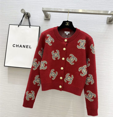 chanel logo jacquard wool knitted cardigan
