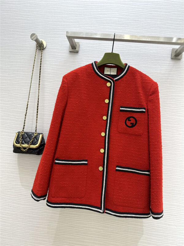 gucci logo embroidered red tweed jacket with gold buttons