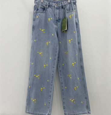 gucci new small yellow flower embroidered trousers