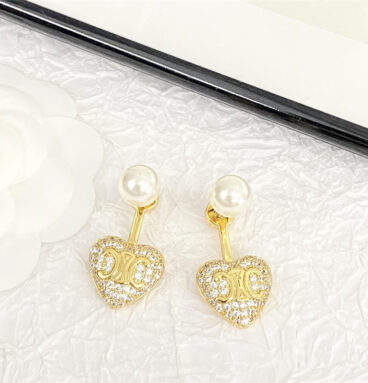 celine Arc de Triomphe full diamond love pearl earrings