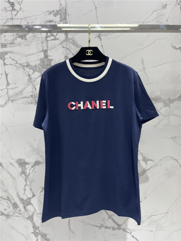 chanel new contrast flocking colorful letter short sleeves