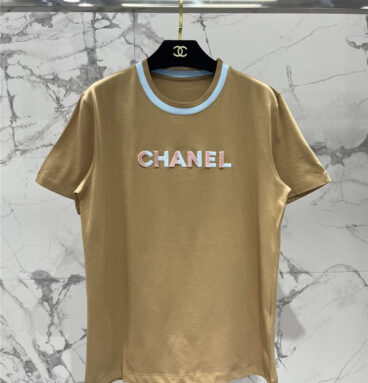 chanel new contrast flocking colorful letter short sleeves