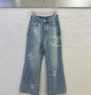 chanel distressed printed double c straight denim trousers