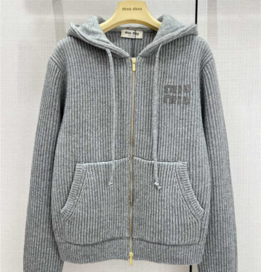 miumiu hooded zippered jacket with embroidered lettering logo