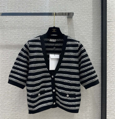 chanel single-breasted crochet striped knitted cardigan