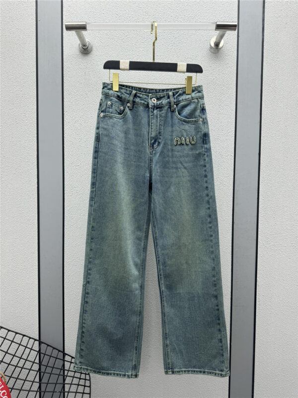 miumiu new rhinestone beaded letter jeans