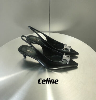 celine swing black silver pointed toe kitten heel sandals