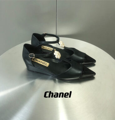 chanel camellia wedge heel pointed toe shoes