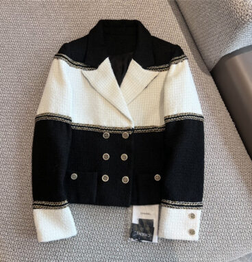 chanel black and white patchwork tweed woven jacket