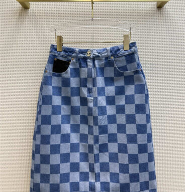 louis vuitton LV checkerboard denim high waist A-line slit skirt