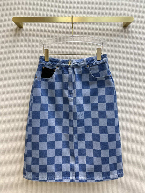 louis vuitton LV checkerboard denim high waist A-line slit skirt