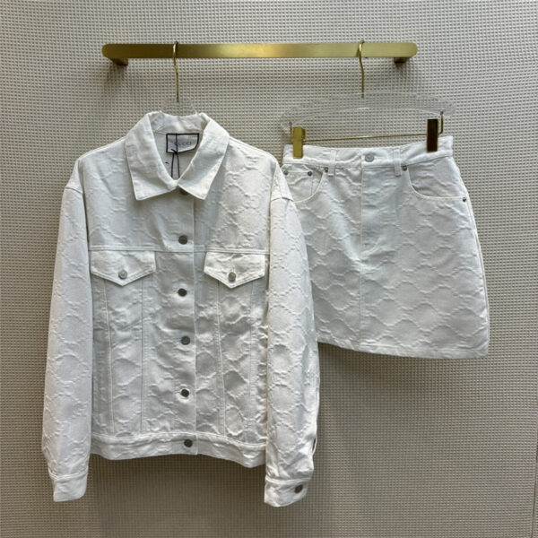 gucci lapel denim jacket + A-line denim skirt suit