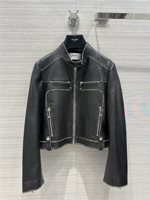 celine stand collar leather jacket