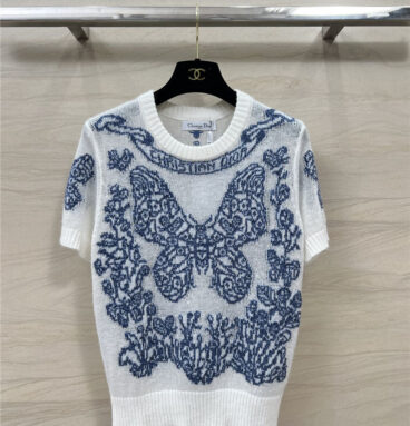 dior floral embroidered cashmere knit short-sleeved top