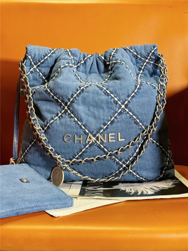 Chanel Blue Stitched Denim 22 Bag
