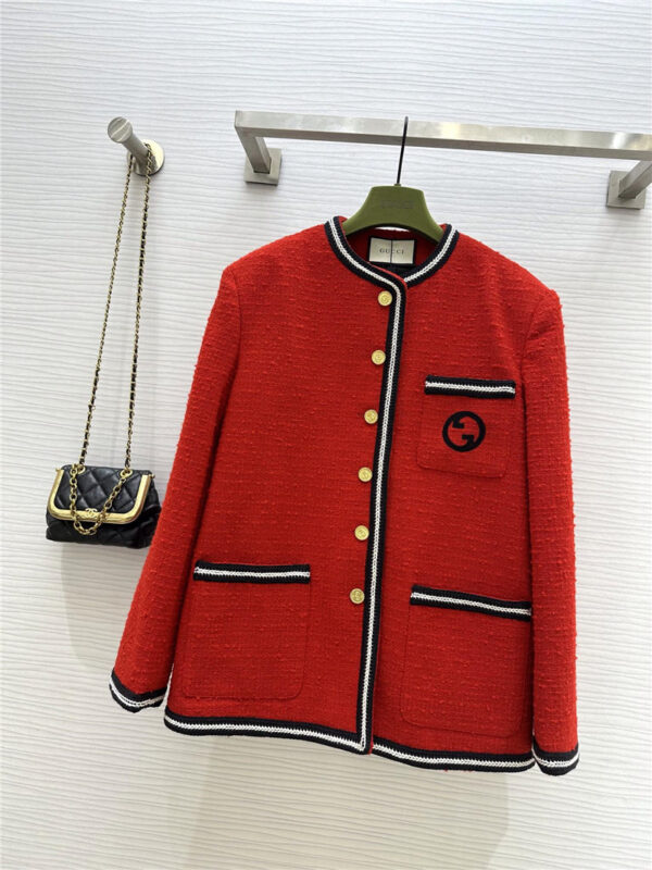 gucci logo embroidered red tweed jacket with gold buttons