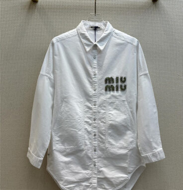 miumiu long shirt with rhinestone lettering logo decoration