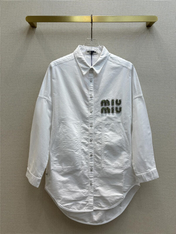 miumiu long shirt with rhinestone lettering logo decoration
