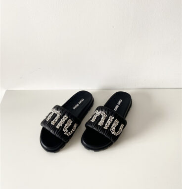 miumiu new rhinestone letter pleated flat slippers
