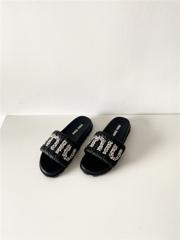 miumiu new rhinestone letter pleated flat slippers