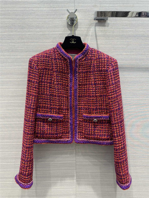 chanel red and purple plaid short coat