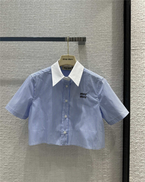miumiu navy blue striped short-sleeved white collar shirt