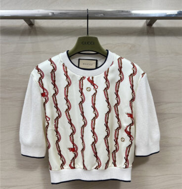 gucci knitted paneled silk printed short-sleeved top