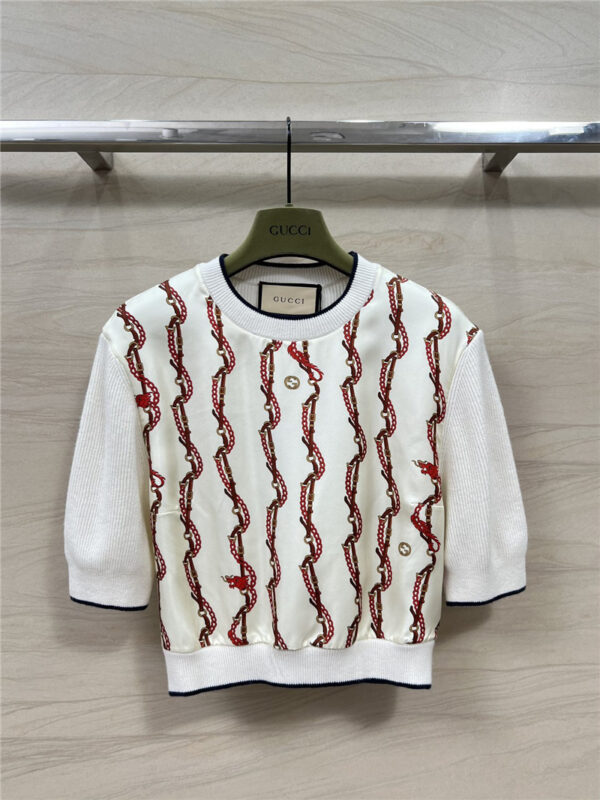 gucci knitted paneled silk printed short-sleeved top