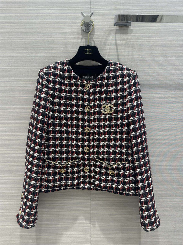 chanel red and blue checkered gauze short coat