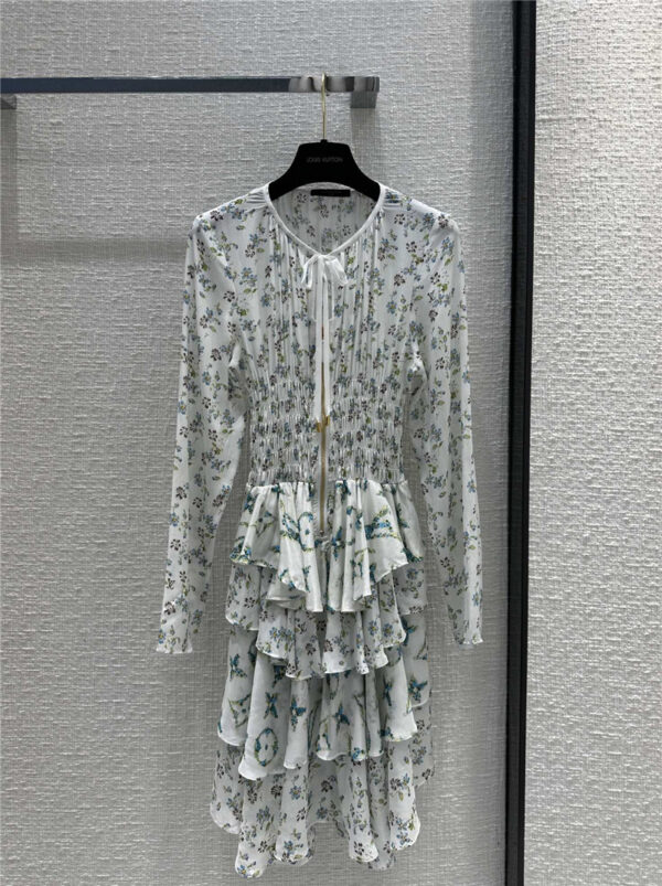 louis vuitton LV small floral cake layer long sleeve dress