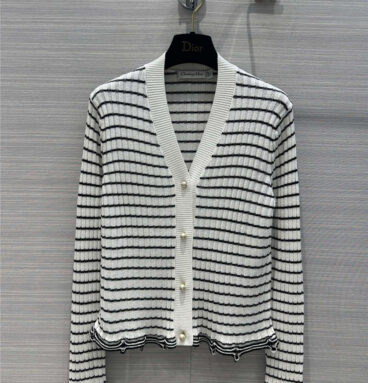 dior navy striped V-neck linen cashmere knitted cardigan